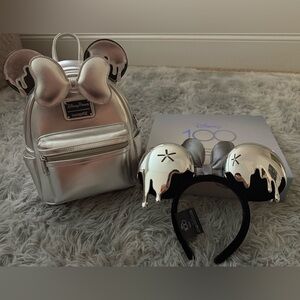 BUNDLE Disney Platinum Dip Minnie Mouse Ears & Disney 100 Celebration Bag